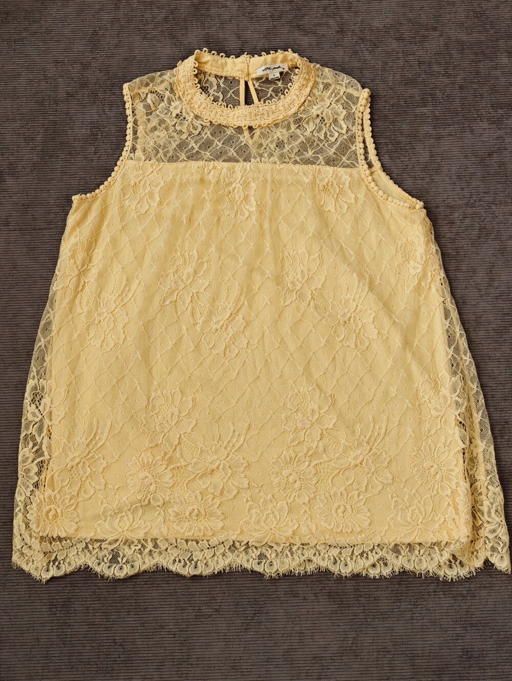Ultra Pink Yellow Floral Lace Mock Neck Sleeveless Blouse